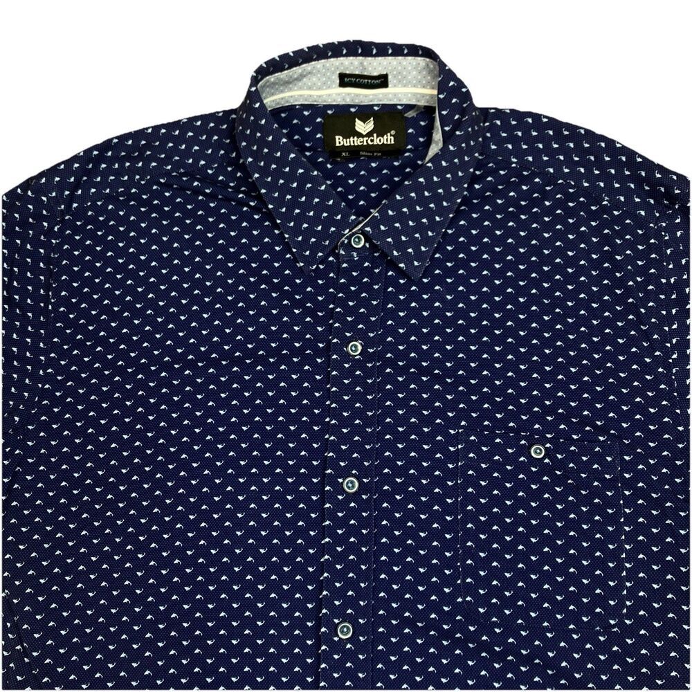 Buttercloth Button Shirt Mens XL Blue Shark Print Slim Stretch Coastal Nautical